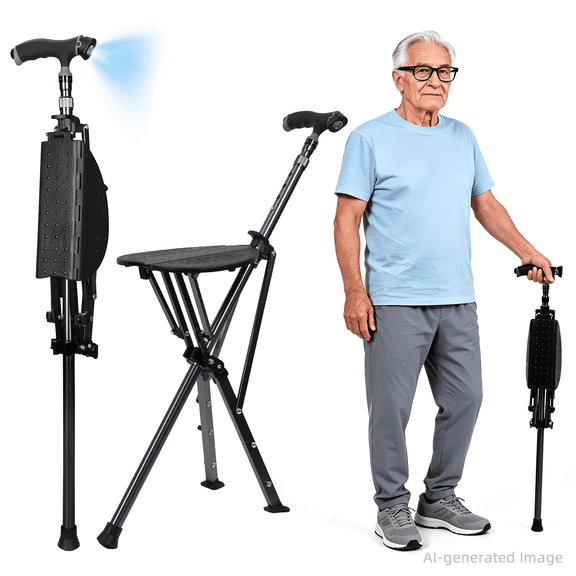2-in-1 Folding Cane with Seat, Adjustable Senior Walking Cane with LED Light, Supports 220lbs