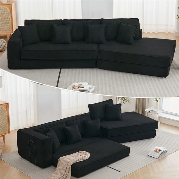 Modern Simple Upholstered 3-Seat Sofa 133"L x43"W x 32.5"H with Foldable Design and Lamb Velvet Fabric