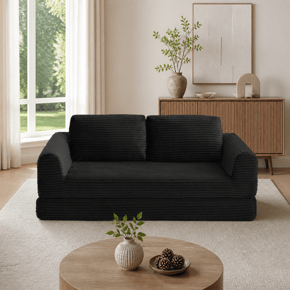 2-in-1 Folding Convertible Sofa Bed, 3-Seat Modern Corduroy Futon Sleeper Couch with 2 Pillows, Black