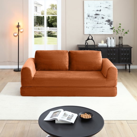 2-in-1 Folding Convertible Sofa Bed, Modern Corduroy Sleeper Couch with 2*pillows, Futon Modular Upholstered Boneless Sofa with Pull-Out Bed,Folding Floor Modular Couch for Living Room Orange