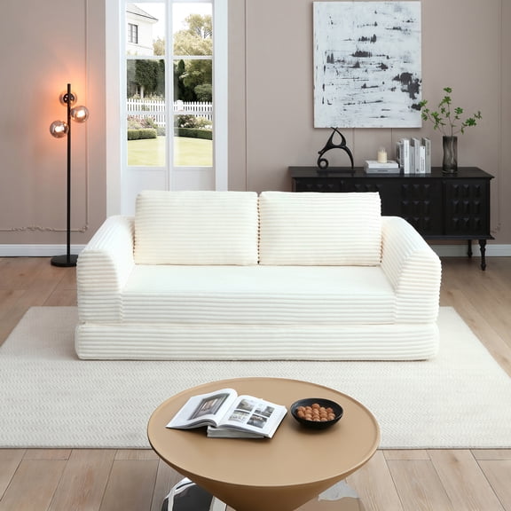 2-in-1 Folding Convertible Sofa Bed, Modern Corduroy Sleeper Couch with 2*pillows, Futon Modular Upholstered Boneless Sofa with Pull-Out Bed,Folding Floor Modular Couch for Living Room Beige