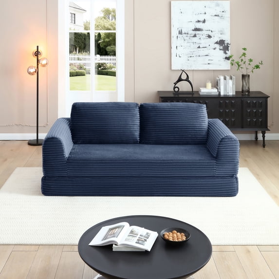 2-in-1 Folding Convertible Sofa Bed, Modern Corduroy Sleeper Couch with 2*pillows, Futon Modular Upholstered Boneless Sofa with Pull-Out Bed,Folding Floor Modular Couch for Living Room Blue