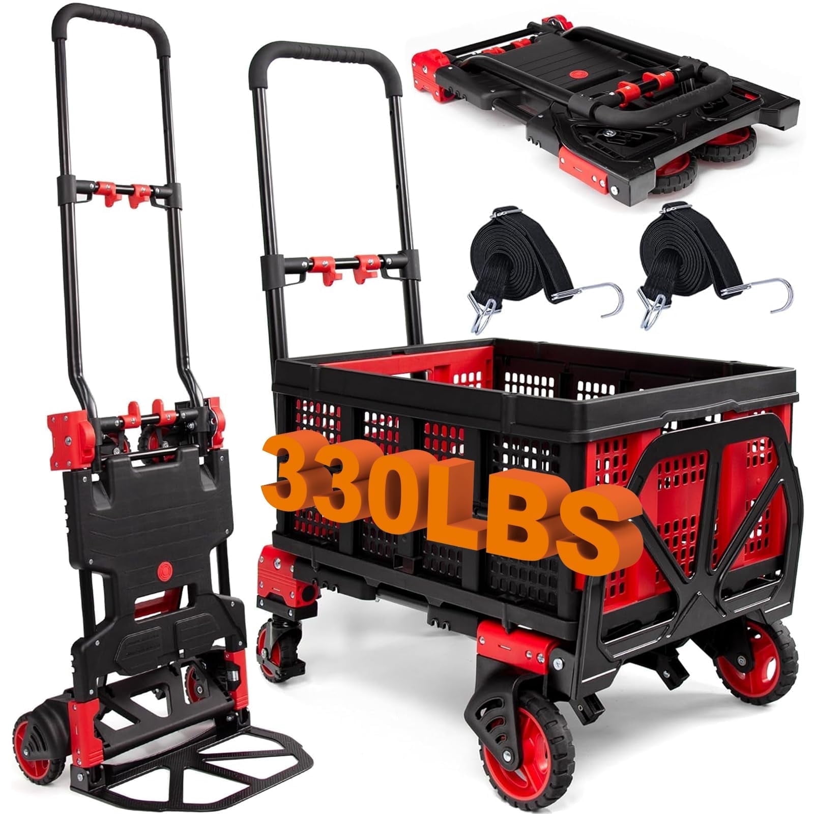 2-in-1Hand Truck Dolly with Folding Basket, Dolly Cart with 4 Wheels, Wagons Carts Foldable with Retractable Handle, Foldable wagon for Moving, 330LBS Capacity, Red
