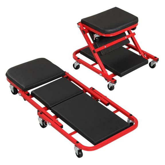 2-in-1 Folding Mechanic Creeper Stool - 6 Universal Casters Padded Seat 400LBS/350LBS Capacity Black+Red Metal for Garage Workshop