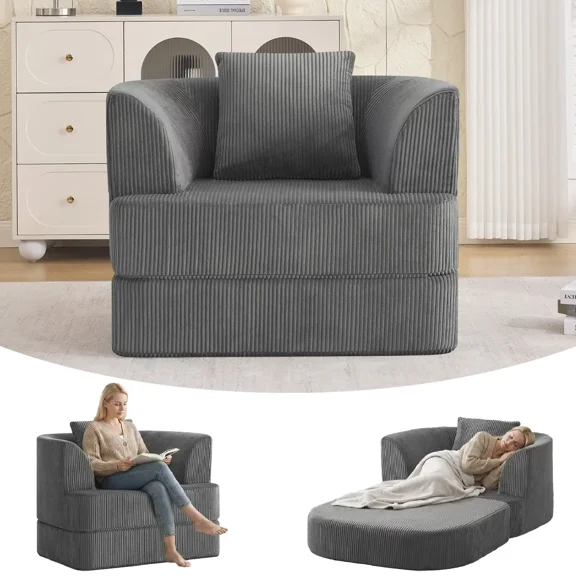 2-in-1 Folding Sofa Bed, Corduroy Convertible Single Sleeper Chair Bed, Modern Boneless Foldable Couch, High-Density Foam Lounge Chair for Living Room, Bedroom, No Assembly Required, Grey