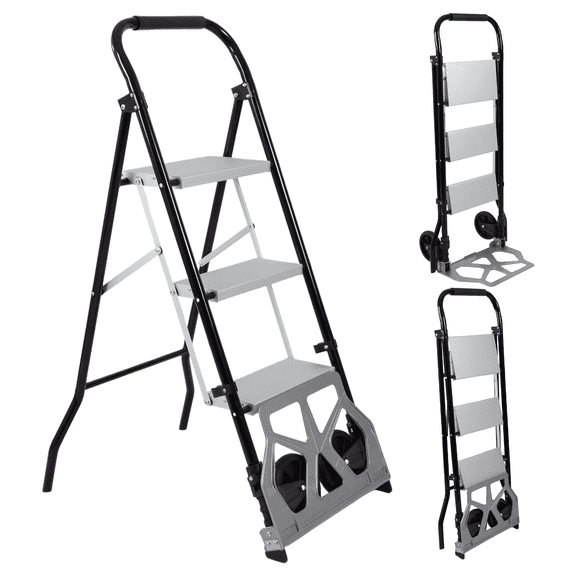 Whifea 2-in-1 Folding Step Ladder & Hand Truck, 3-Step Steel with Wheels & Platform, 300 lbs Capacity for Home Garage