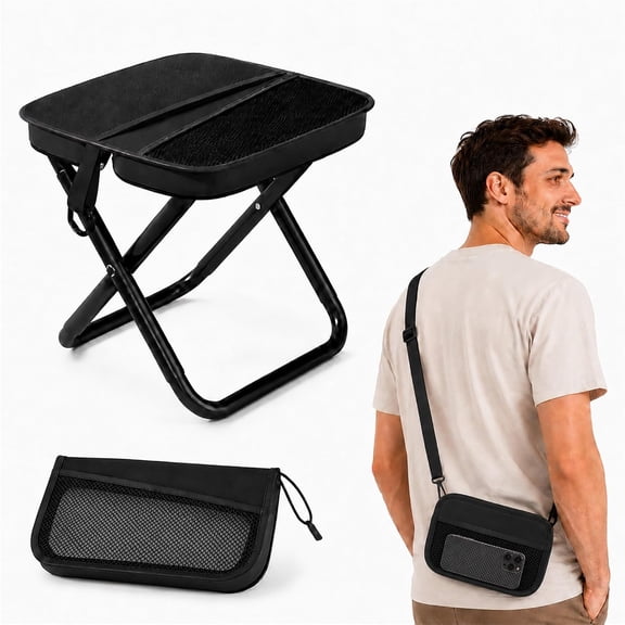 2-in-1 Folding Stool Crossbody Bag, Portable Foldable Chair with Strap & Pouch for Camping Fishing Hiking