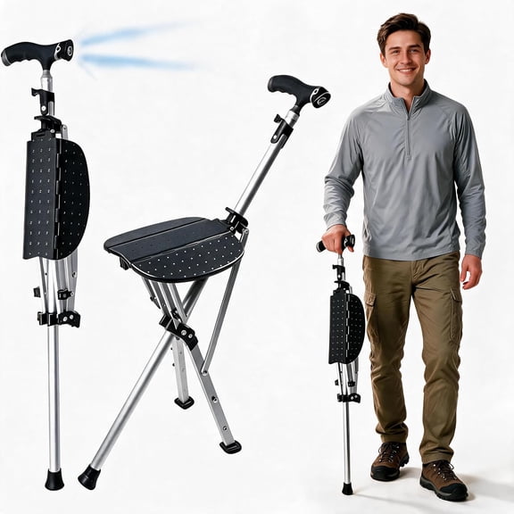 2-in-1 Folding Walking Cane Seat with LED Light, Lightweight Aluminum Portable Cane Chair for Seniors
