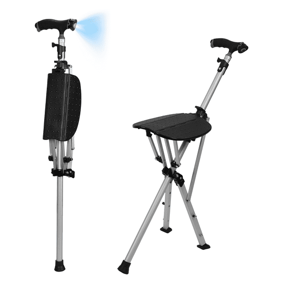 2-in-1 Folding Cane Seat LED Walking Stick Portable Cane Seat for Hiking, 1-sec Fold, Aluminum Tripod, 220 lbs Load
