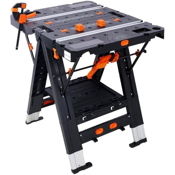 2-in-1 Folding Work Table & Sawhorse, 31" W x 25" D x 28" H Easy Setup Portable Workbench, Lightweight Worktable with Heavy-Duty Load Capacity, Includes 2 Clamps & 4 Clamp Dogs