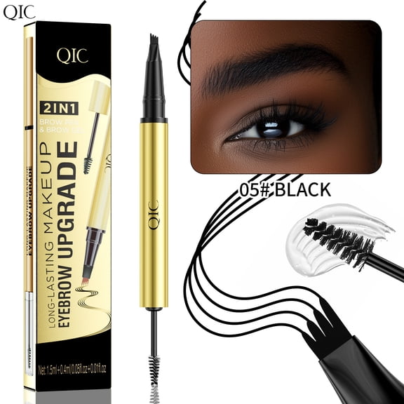 2-in-1 Fork Tip Eyebrow Pen with Brow Gel, Black, Waterproof Smudge Proof, Defined Natural Brows for Black Hair