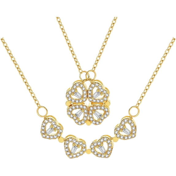 2 in 1 Four Leaf Clover Charm Lucky Necklace Heart Crystal Pendant Necklace Gold Link Valentine's Day Jewelry Gift for Women