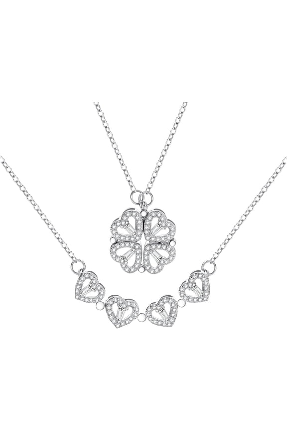 2 in 1 Four Leaf Clover Charm Lucky Necklace Heart Crystal Pendant Necklace Gold Link Valentine's Day Jewelry Gift for Women