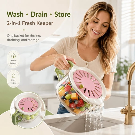 2-in-1 Fresh Keeper Colander Storage Container – Airtight Produce Keeper with Strainer Lid, Fruit and Vegetable Washer & Fridge Organizer, BPA Free 1pack