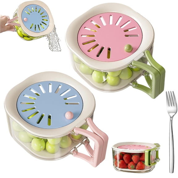 2 in 1 Fruit Strainer Container with Lid, Foldable Handle Drain Basket for Washing Storage, Kitchen Colander for Families Refrigerator Picnic Use