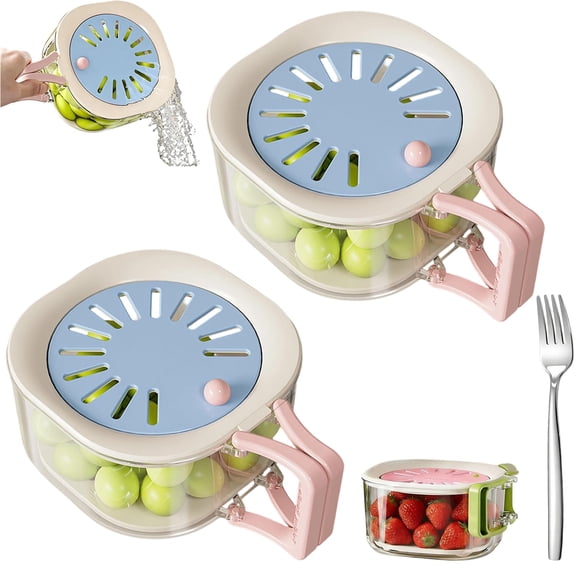 2 in 1 Fruit Strainer Container with Lid, Foldable Handle Drain Basket for Washing Storage, Kitchen Colander for Families Refrigerator Picnic Use