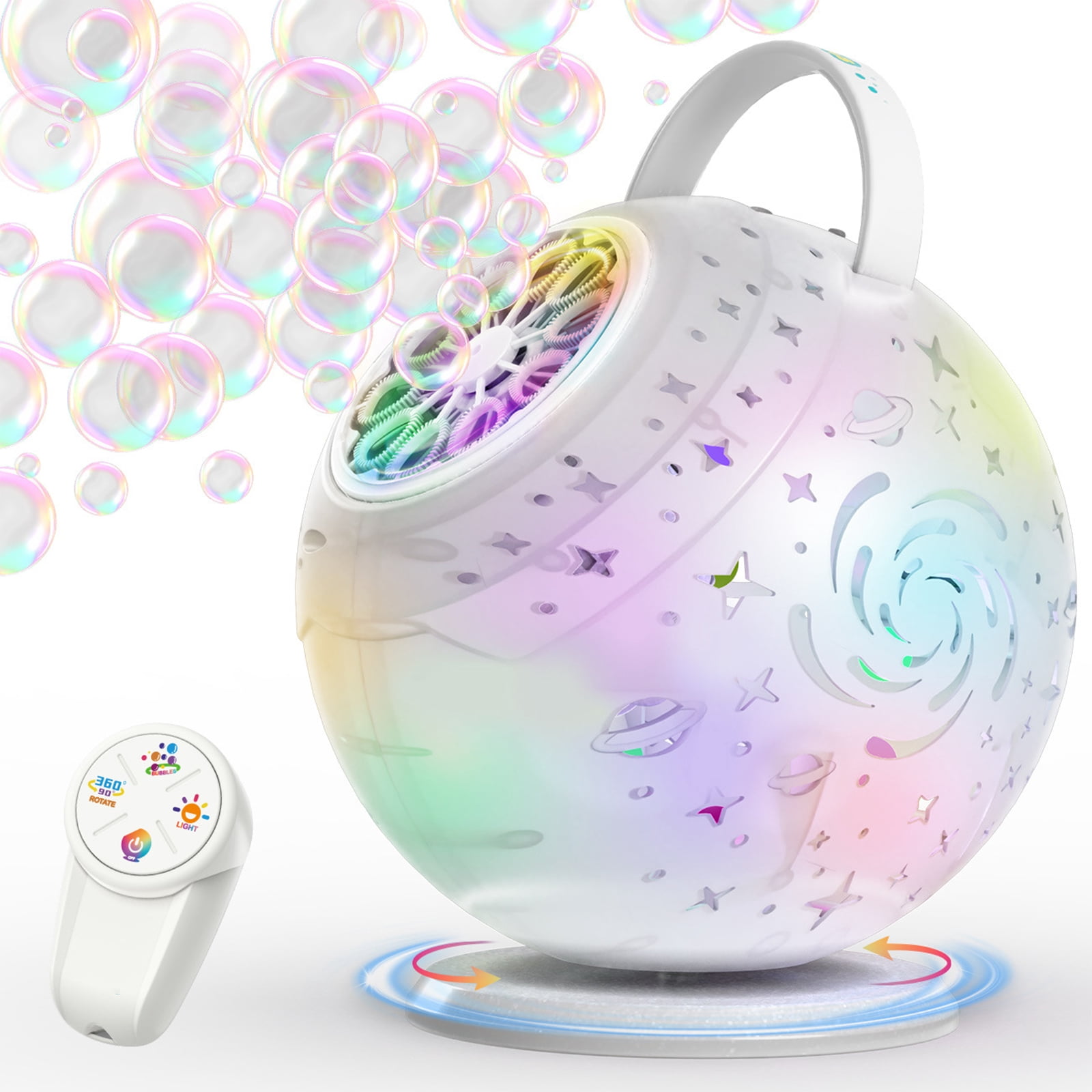 2-in-1 Galaxy Projector Bubble Machine with Remote Control 360 Degree Rotation 7 Colors USB-C Rechargeable for Party Home Decor Outdoor Gathering Stress Relief