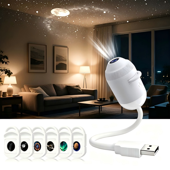 2-in-1 Galaxy Projector Night Light - 360°Adjustable USB Powered Starry Sky Lamp with Interchangeable Films, Star Ceiling Projector for Bedroom, Car & Home Decor (6 Films)