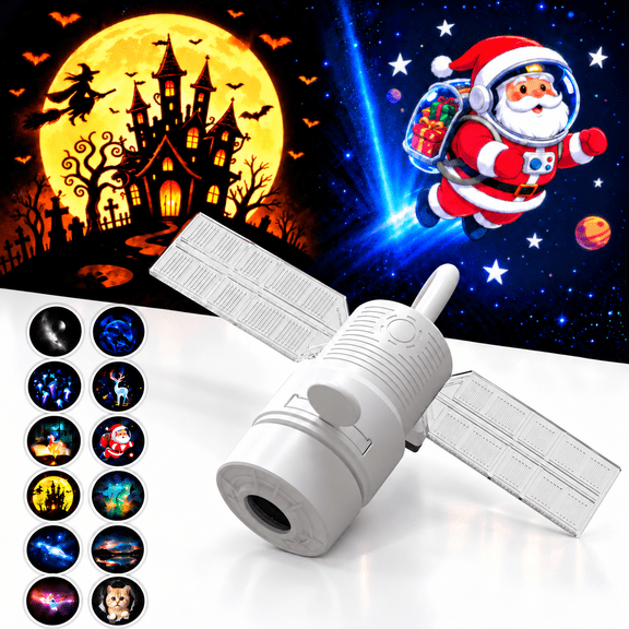 2-in-1 Galaxy Projector Night Light, USB Plug-In Star Projector with 12 Slides, 360 Flexible Gooseneck, Satellite Shape for Bedroom, Kids and Adults