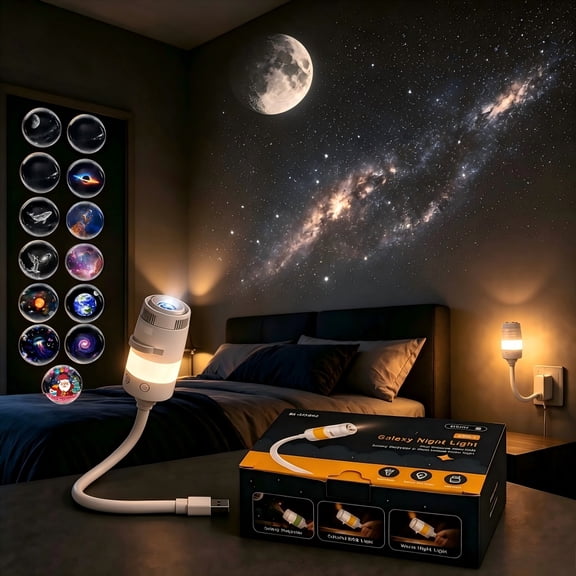 2-in-1 Galaxy Projector Night Light, USB Star Projector for Bedroom Ceiling Adjustable Nebula & Starry Sky Lamp, Flexible Gooseneck Design, Portable Space Projector