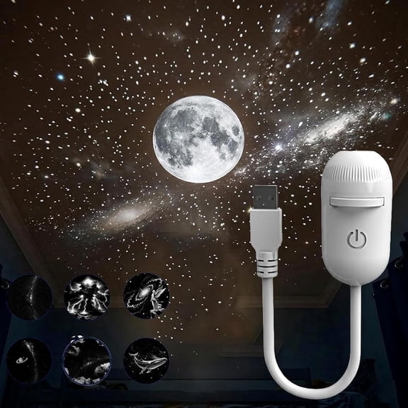 2-in-1 Galaxy Projector Night Light, USB Star Projector Lamp with 360° Rotating HD Galaxy Projection, Space Light with Interchangeable Film Slides for Bedroom Ceiling Decor (1PC,with 6 Films)