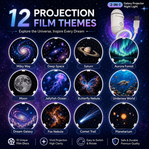 2-in-1 Galaxy Projector Night Light, USB Star Projector Night Light with 12 Projection Films, Adjustable Brightness, 360° Rotation Starry Sky Projector for Bedroom, Car Roof, Kids Room, Party Decor