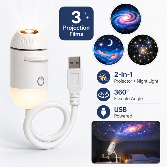 2-in-1 Galaxy Projector Night Light, USB Star Projector Night Light with 3 Projection Films, Adjustable Brightness, 360° Rotation Starry Sky Projector for Bedroom, Car Roof, Kids Room, Party Decor