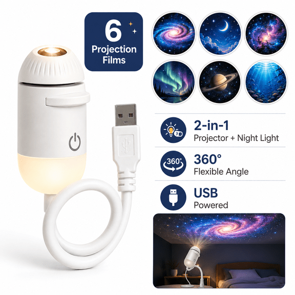 2-in-1 Galaxy Projector Night Light, USB Star Projector Night Light with 6 Projection Films, Adjustable Brightness, 360° Rotation Starry Sky Projector for Bedroom, Car Roof, Kids Room, Party Decor
