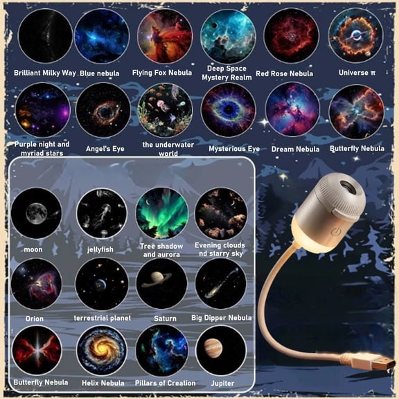 2-in-1 Galaxy Projector Night Light, USB Starry Sky Night Light Projector with Adjustable Brightness, Mini LED Projection Lamp for Bedroom Ceiling Wall Room Decor (24 Projection Films)