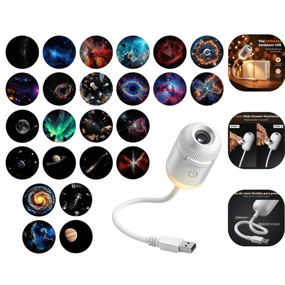 2-in-1 Galaxy Projector Night Light, USB Starry Sky Night Light Projector for Bedroom, Mini LED Ceiling/Wall Projection Lamp with 360 Rotation, for Kids Adults Gifts (24 Slides)