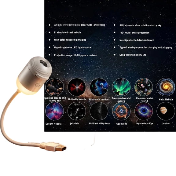 2-in-1 Galaxy Projector, Portable with 12 Projection Films, 360° Adjustable Brightness Control Eye‑Caring LED Night Light for Kids Adults Bedroom Home Ceiling Car Decor Gift(12 Projection Films)