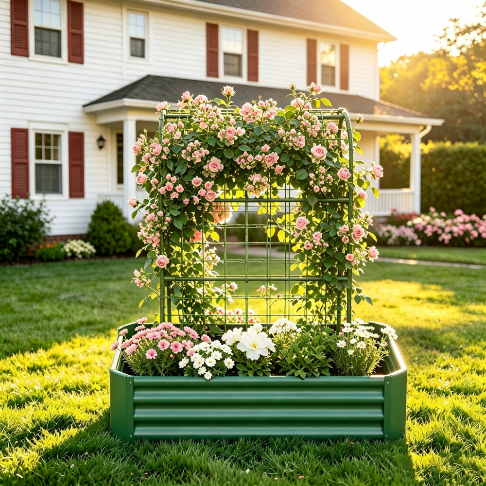 2-in-1 Galvanized Metal Raised Garden Bed with 59" Arch Trellis, 4×2×1 FT Outdoor Planter Box with Climbing Net for Vegetables Fruits Flowers