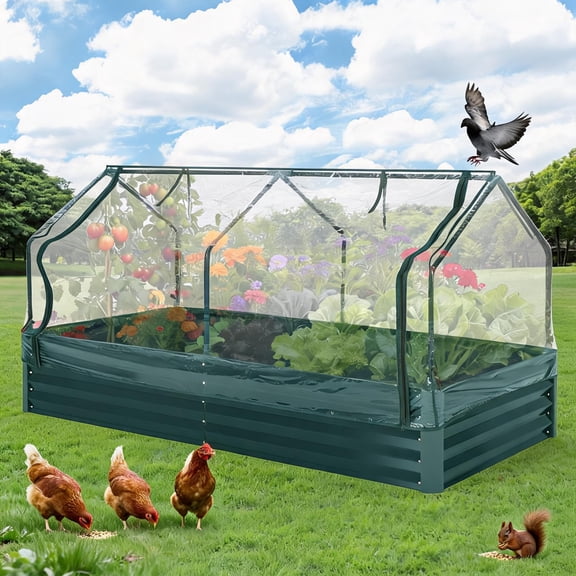 2-in-1 Galvanized Raised Garden Bed with Greenhouse Cover – Large Rectangular Planter Box, Roll-Up Windows, Open Base, Thick Steel, Easy Assembly for Vegetables, Flowers, Herbs, Fruits