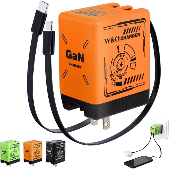 2 in 1 Gan Charger(Type C/L), GaN 120w Fast Charger Retractable Wall Plug for iPhone, Fast Charging Power Adapter for Smartphone(Orange)