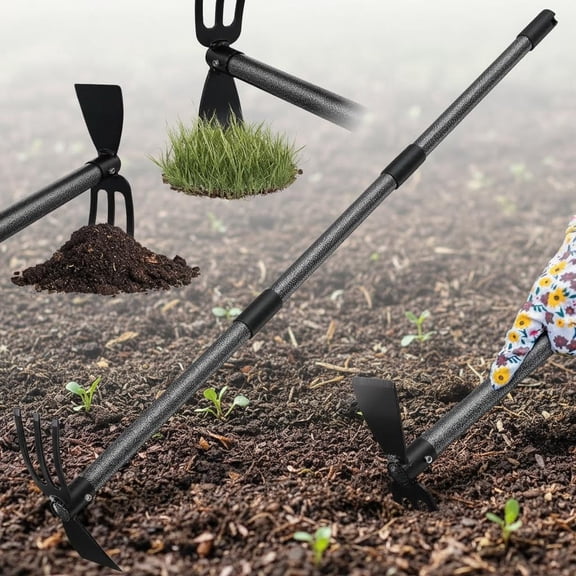 2-in-1 Garden Hoe Tool with Cultivator Rake, Long Handle Weed Hoe, Heavy Duty Hand Tiller for Raised Beds, Backyards, Indoor Greenhouse, Outdoor Planting