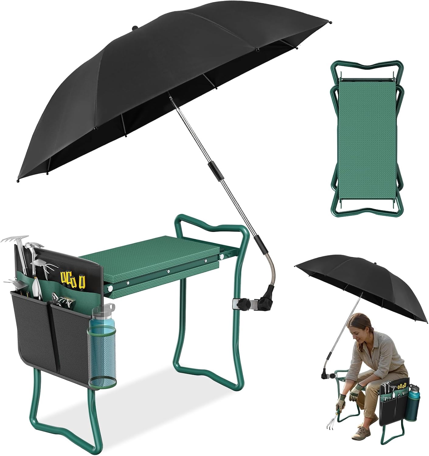 2-in-1 Garden Kneeler with Umbrella, Kneeling Bench & Black Umbrella, Portable Stool 330lb Capacity, Garden Tools Bag with Bottle Holder, Gardening Gift for Men Women Seniors