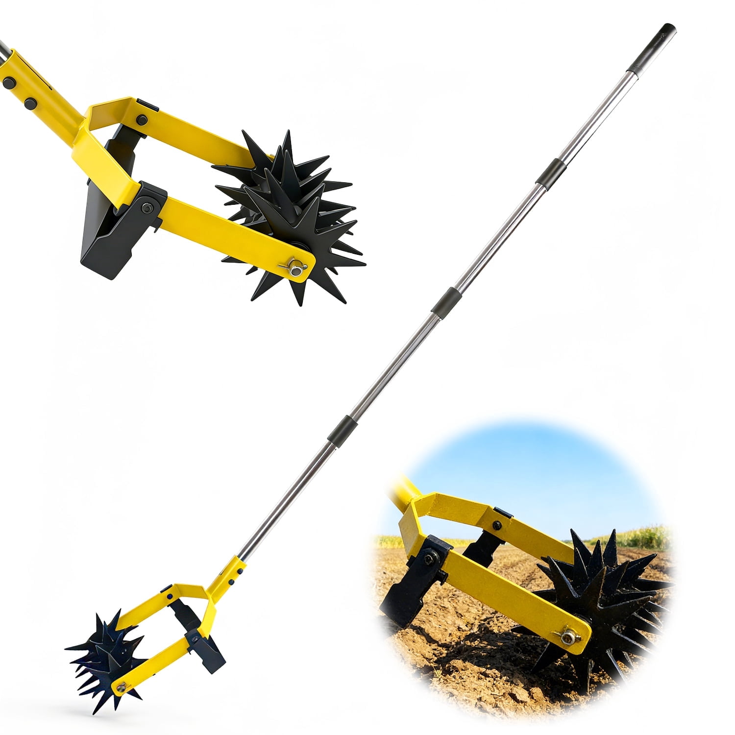 2-in-1 Garden Rotary Cultivator Tool Adjustable Handle Lawn Tools Hand Rotary Tiller for Loosening Soil and Lawn Care, Reseeding Grass, Weeder, Soil Mixing, Manual Yard Tiller
