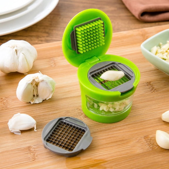 2-in-1 Garlic Press and Mincer - Manual Garlic Slicer with Storage Container - Durable Garlic Crusher with Bottom Grinding Texture - Easy to Clean & Dishwasher Safe Kitchen Gadget