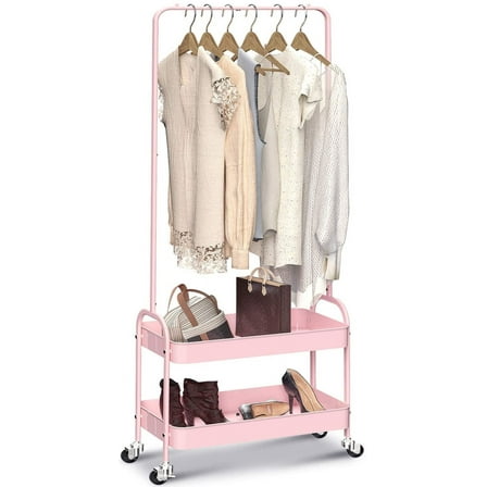 2-in 1 Garment Rack, Clothing Rack with 2 Tier Metal Basket, Rolling Storage Cart Clothes Organizer Coat Rack Storage Stand on Wheels, for Home Bedroom Laundry Small Place Entryway, Pink