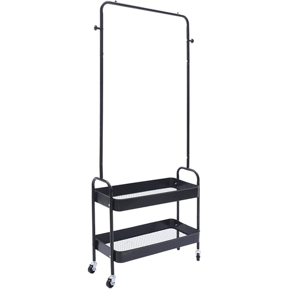 2 in 1 Garment Rack Clothing Rack with 2 Tier Metal Basket & Casters, Rolling Storage Cart Clothes Organizer for Home Bedroom Laundry Entryway (Pink)