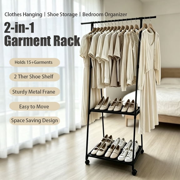 2-in-1 Garment Rack with 2 Tier Shoe Shelves, Rolling Clothing Rack with Wheels for Bedroom Closet Storage Organizer