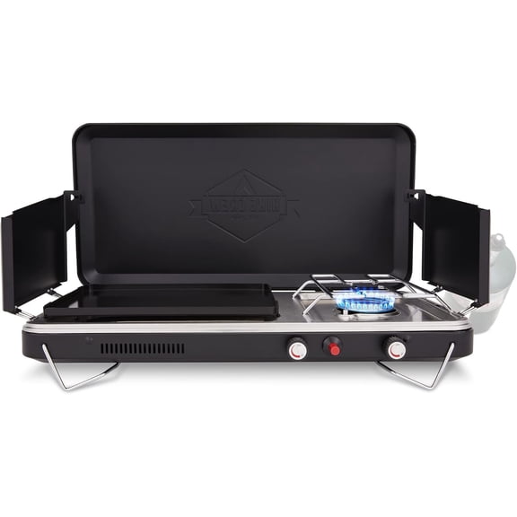 2-in-1 Gas Camping Stove and Griddle, Portable Propane Burner w/Integrated Igniter & Stainless Drip Tray | Built-in Carrying Handle, Foldable Legs & Wind Panels | Includes Regulator