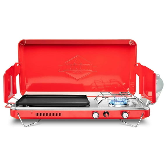 2-in-1 Gas and Griddle, Portable Propane Burner w/Integrated Igniter & Stainless Drip Tray | Built-in Carrying Handle, Foldable Legs & Wind Panels | Includes Regulator Red