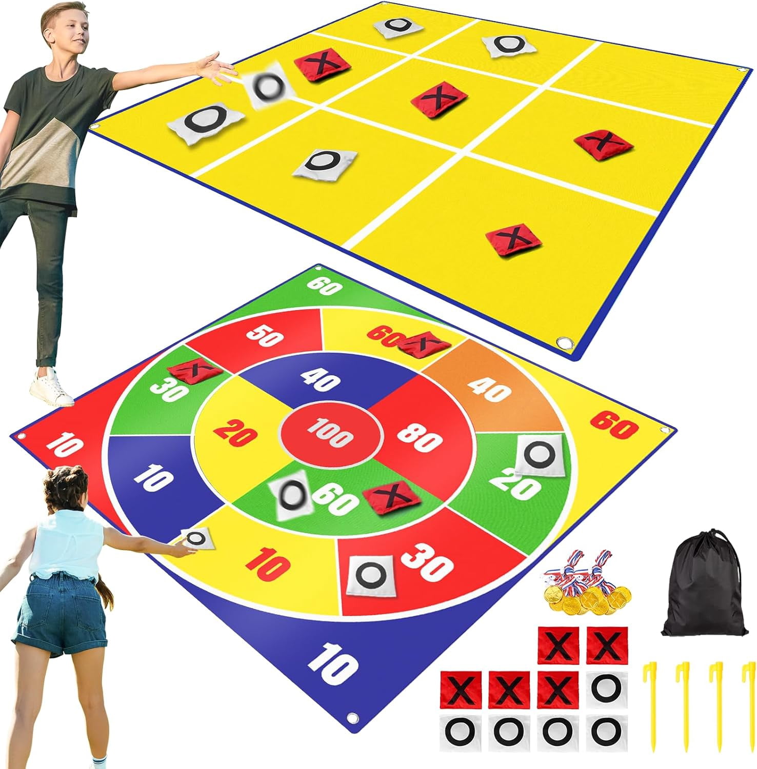 2-in-1 Giant Bean Bag Toss & Large Tic Tac Toe Outdoor Games for Kids Adults-4.5ft Giant Outside Lawn Yard Camping Field Day Games for Kid Family-Backyard Fun Carnival Outdoor Giant Yard Games