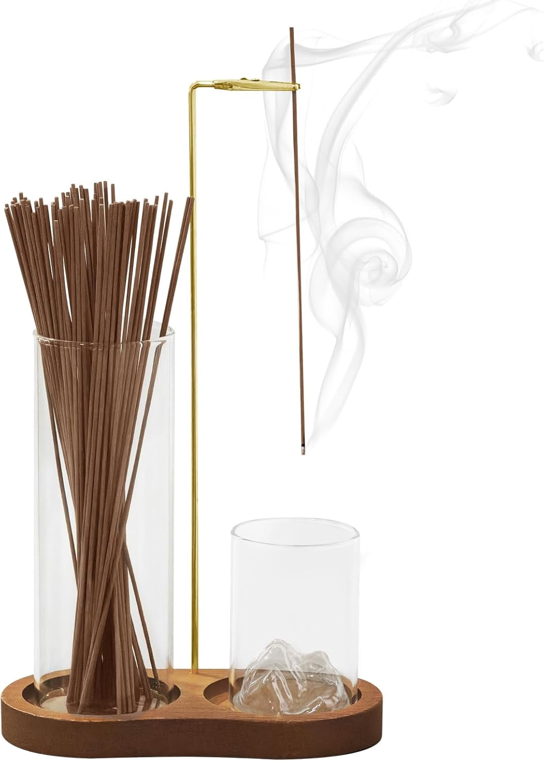 2-in-1 Glass Incense Holder for Sticks, Wooden Incense Burner with Ash Catcher & Incense Storage, Anti-Ash Flying Incense Stick Holder for Meditation, Yoga, Spa, and Home Decor(Natural Wood)