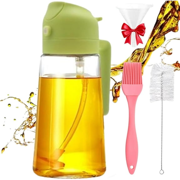 2-in-1 Glass Oil Sprayer and Dispenser,Refillable Oil Sprayer for Cooking,Olive Oil Dispenser Bottle for Kitchen,Oil Mister Spray Bottle for Cooking,for Air Fryer,Baking,Grilling (470ml/16Oz, Green)