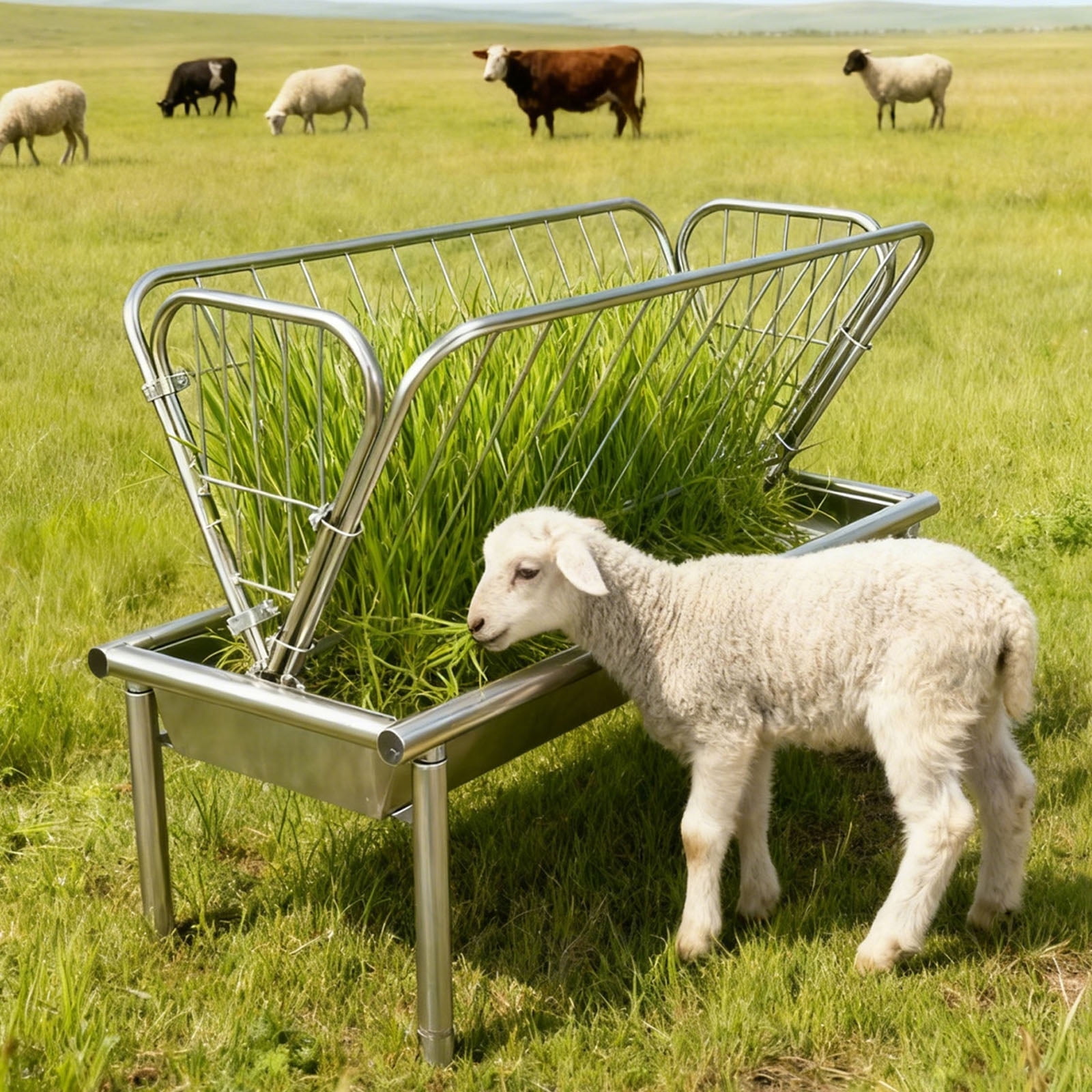 2 in 1 Goat Hay Feeder, 4 ft Pasture Livestock Feeder with Galvanized ...