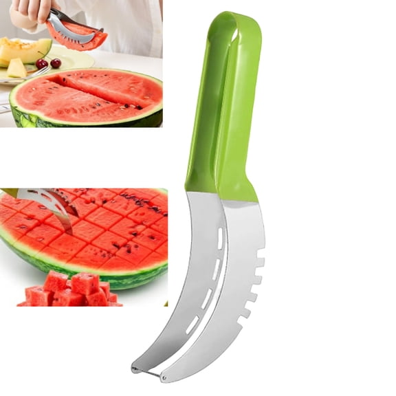 2-in-1 Green Watermelon Cutter Slicer Tool – Create Clean Cubes & Slices with Watermelon Slicer for Cutting & Serving, 8-inch Stainless Steel Fruit Cutter Kitchen Gadget for Picnic Camping Snack Prep