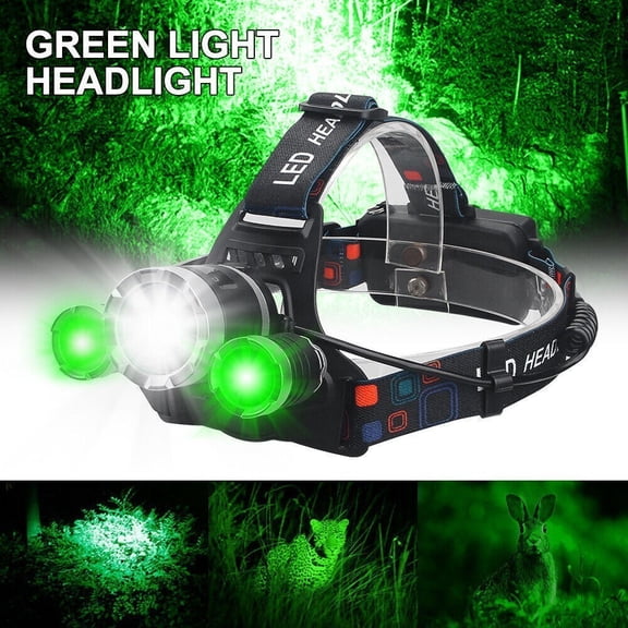 2-in-1 Green & White 3 LED Predator Hunting Headlamp, Portable Adjustable Head Band Head Light for Night Hunting Hiking Camping Outdoor