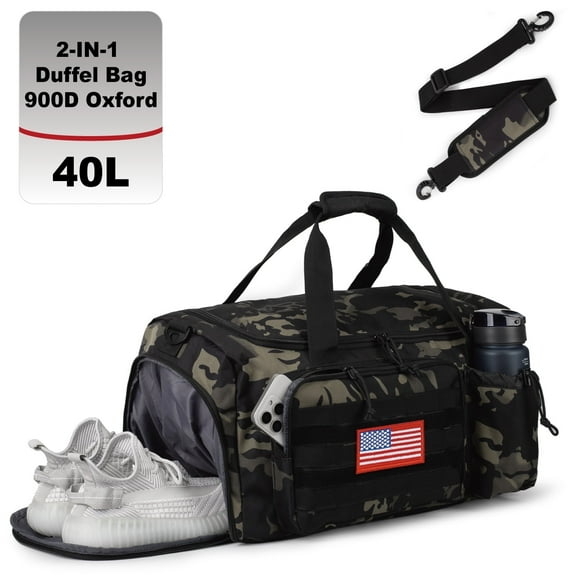 2-in-1 Gym Bag for Men, 40L Large Capacity, Duffle Bag Convertible Travel Bag with Shoes Compartment, Multi-functional Weekender Bags for Daily Travel Workout Business Luggage Box-Camo Black
